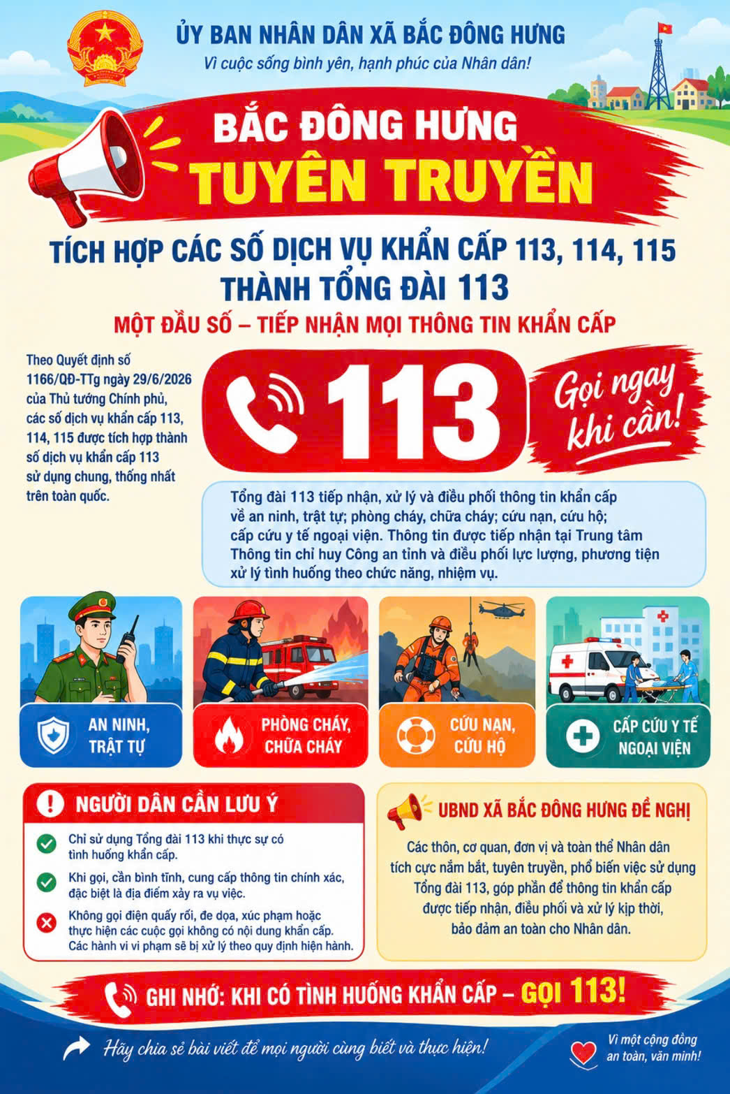 BẮC ĐÔNG HƯNG TUYÊN TRUYỀN TRIỂN KHAI ĐỀ ÁN TÍCH HỢP CÁC SỐ DỊCH VỤ KHẨN CẤP 113, 114, 115 THÀNH TỔNG ĐÀI 113