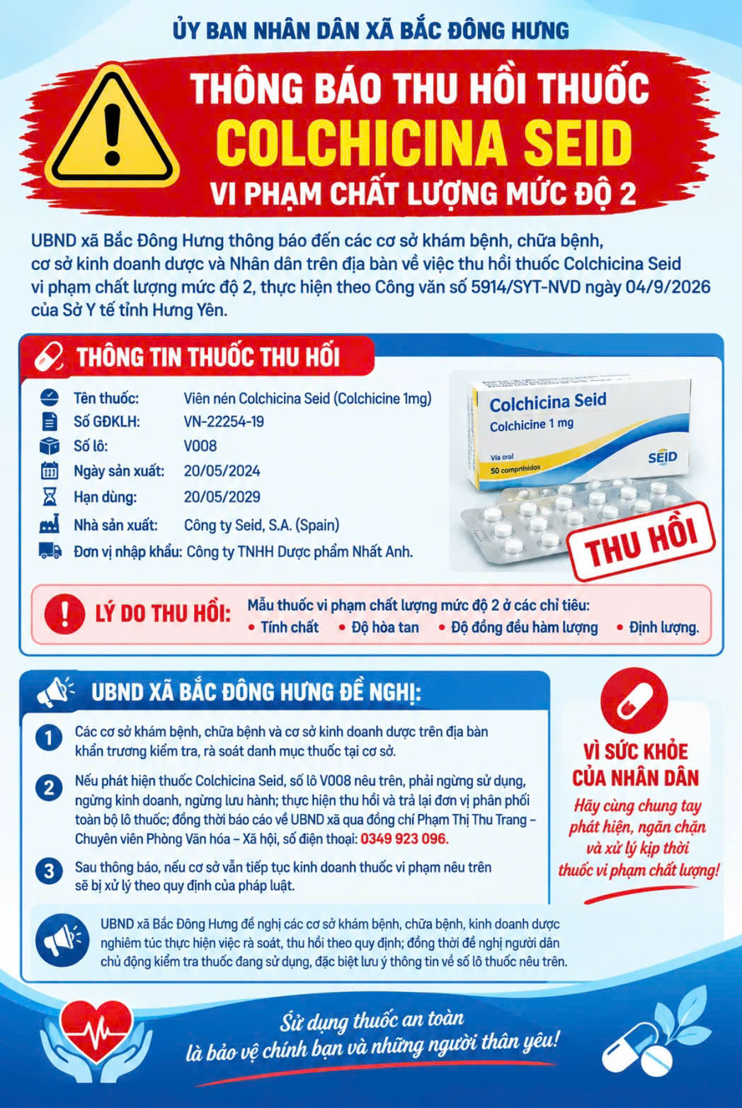 BẮC ĐÔNG HƯNG THÔNG BÁO THU HỒI THUỐC COLCHICINA SEID VI PHẠM CHẤT LƯỢNG MỨC ĐỘ 2