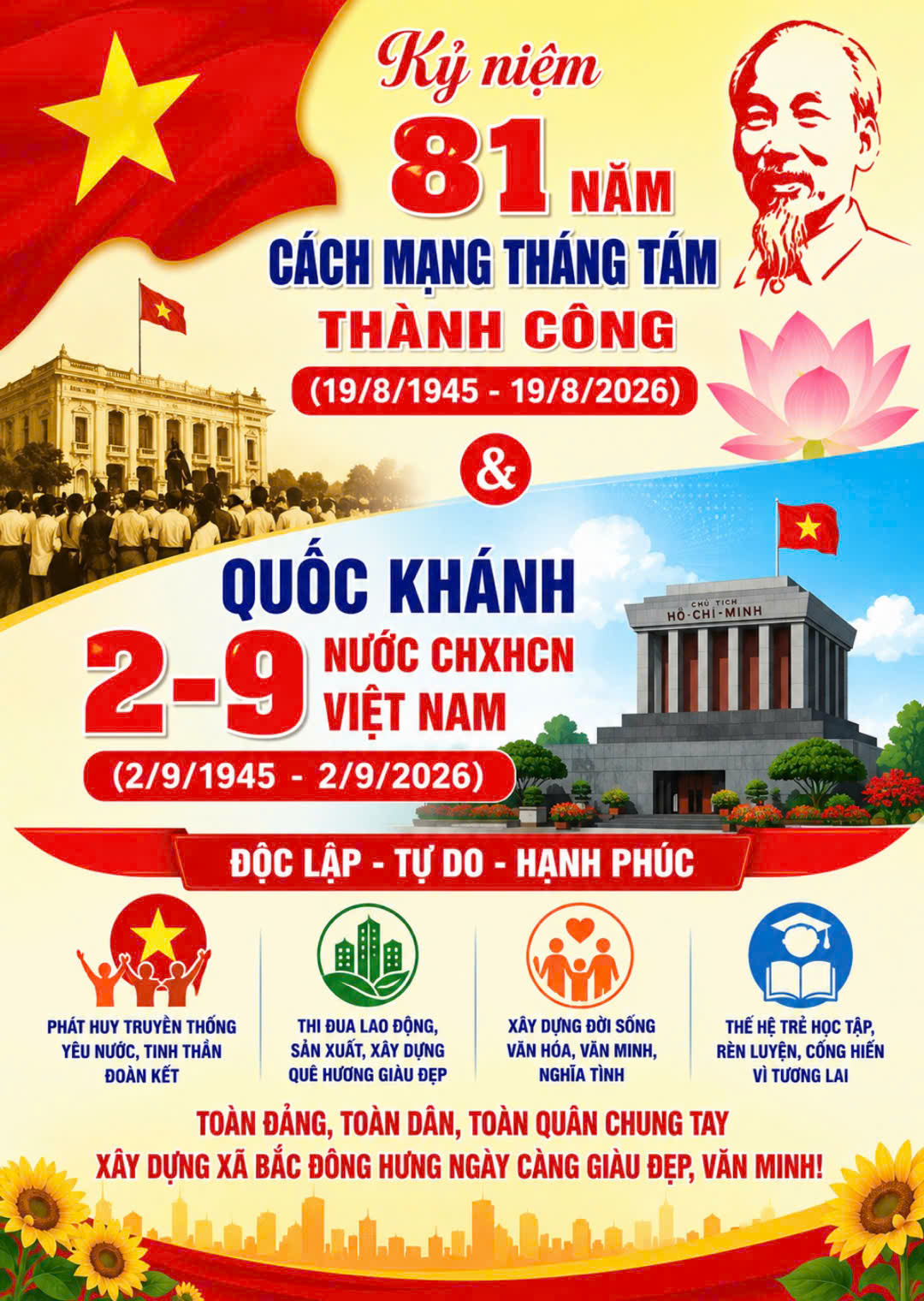 Bài tuyên truyền kỷ niệm 81 năm Cách mạng Tháng 8 thành công (19/8/1945-19/8/2026) và Quốc Khánh 2/9 (2/9/1945-2/9/2026).