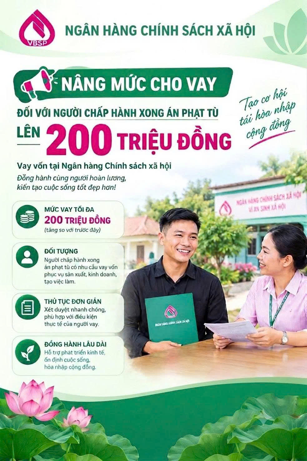 NÂNG MỨC CHO VAY, TĂNG CƠ HỘI TÁI HÒA NHẬP   CỘNG ĐỒNG CHO NGƯỜI CHẤP HÀNH XONG ÁN PHẠT TÙ